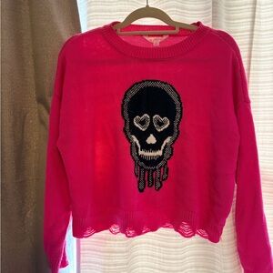 Xhilaration Hot Pink Crewneck Sweater with Black Skull